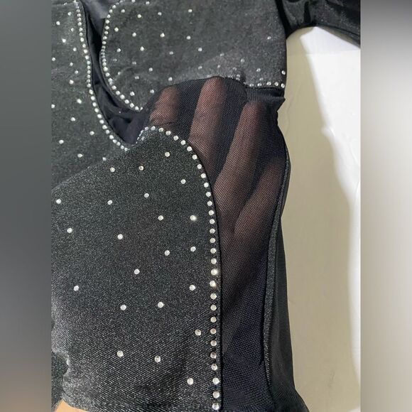 Iefiel Dance costume bodysuit leotard black mesh long sleeve rhinestone adult S - Picture 3 of 10